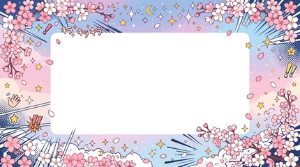 Japanese anime inspired flat vector background, sakura, stars and manga style elements around borders, clean center layout   © Maftuh
