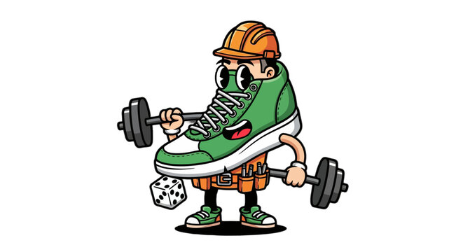Playful Anthropomorphic Green Sneaker Lifting Dumbbells Cartoon.