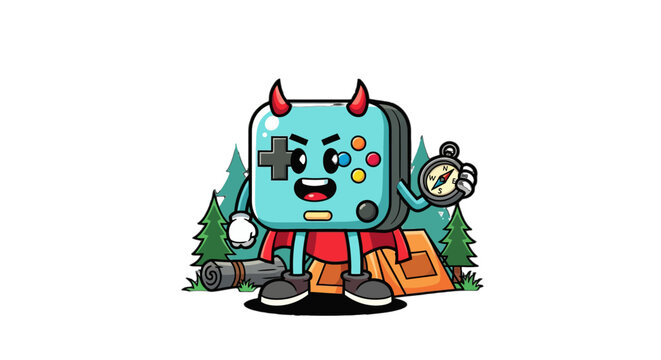 Cute Devil Horned Robot Character Holding Compass and Book.