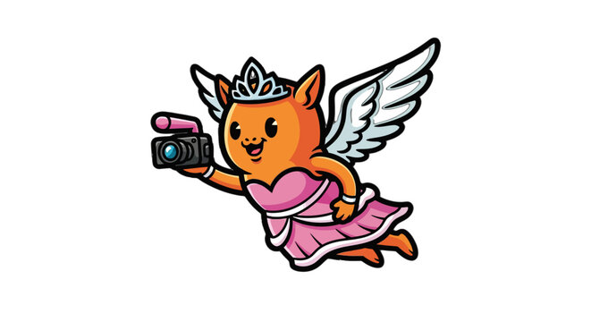 Cute Flying Fox Character Holding Camera With Wings And Tiara.