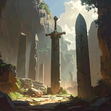 Ancient swords stand amidst ruins and cliffs