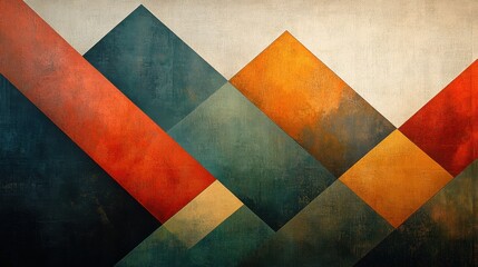 Fototapeta premium Geometric abstraction with overlapping triangles in terracotta and olive green on soft beige background designed for modern spaces and art displays