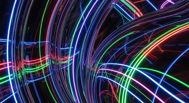 Vibrant Neon Light Trails in Dark Background Create Stunning Visual Effect