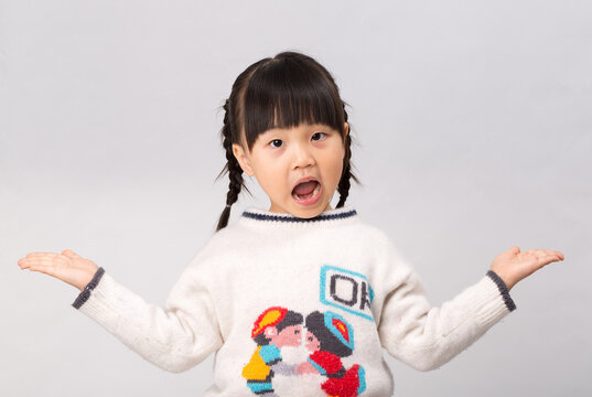 Confused Asian Little Girl Shrugging Shoulders Asking Why