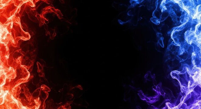 Vibrant contrasting flames of red orange and blue purple smoke abstract background