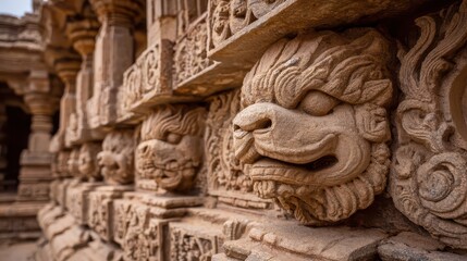 Fototapeta premium Carved lion heads on temple walls in India showcase ancient artistry and detail