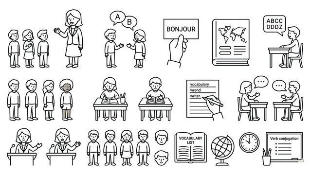 students learning foreign language, teacher instructing pupils, children studying vocabulary.