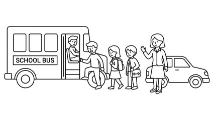 School bus arriving for students with children getting off and teacher waving. © jubayer71