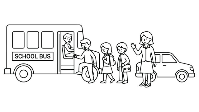 School bus arriving for students with children getting off and teacher waving.