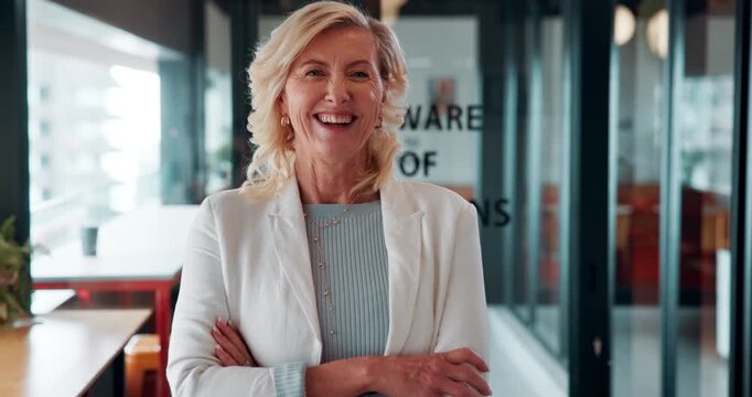 Arms crossed, business and face of woman in coffee shop for satisfaction as franchise manager. About us, friendly and smile with mature owner of affiliate diner or restaurant for cafe management