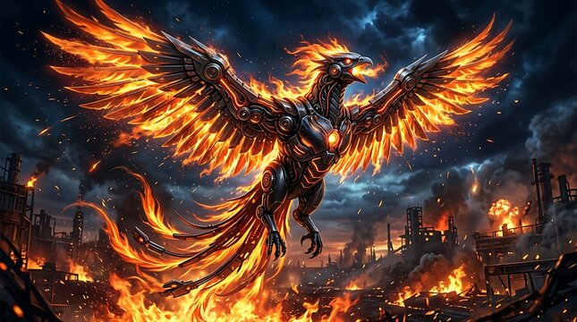 legend of cyborg animal phoenix fire bird flying in the sky