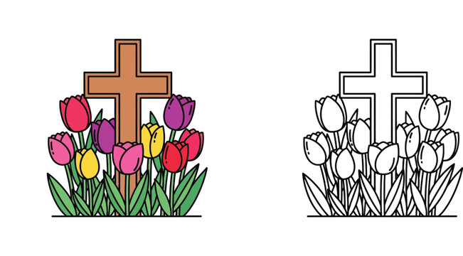 Wooden Christian cross with colorful blooming tulips vector set for Easter and spring religious themes in color and line art style.