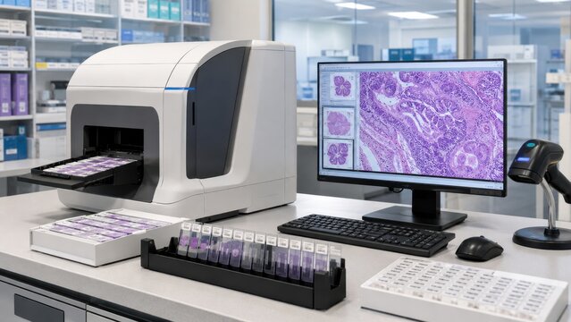Laboratory setup with a digital slide scanner and a computer showing histology images in a clinical environment with organized samples and equipment