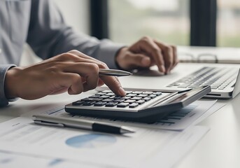 Fototapeta premium Financial calculations a close up of hands using a calculator and documents