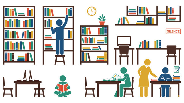 Educational library scenes with people reading books and working on computers flat vector.