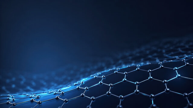 Clean nanosheet corporate technology background showing subtle hexagonal carbon lattice fading into soft dark gradient, emitting serene and futuristic aesthetic for modern science design