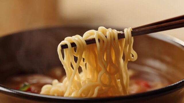 Delicious Ramen Scene. Steaming Noodles With Garnish. Rich Broth And Glossy Noodles In Cozy Setting
