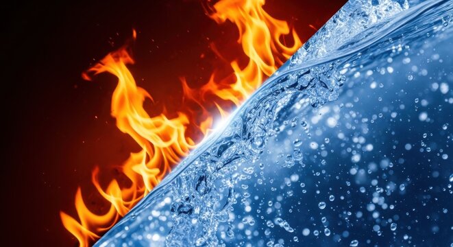 Dramatic clash of intense fire and cool water in a dynamic abstract composition