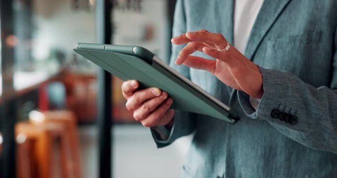 Business person, tablet and scroll with hands in cafe, property developer and online plan for restaurant renovation. Real estate, investor and review of digital blueprint, coffee shop and remodel
