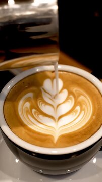 Barista pouring milk into coffee creating rosetta latte art.