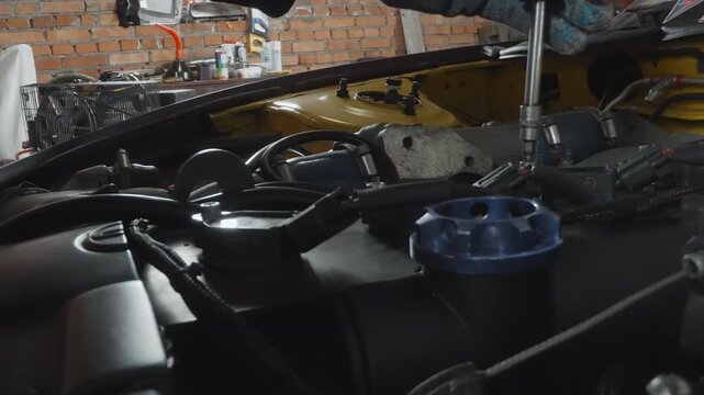 Closeup of engine parts and hoses. Detailed shot highlighting engine components and colorful lighting. Intimate perspective showcasing engine bay with vibrant hoses and lighting effects