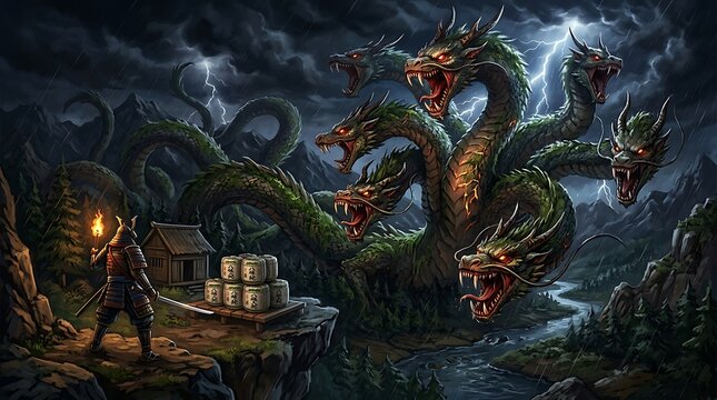 Japanese mythological legend of a seven-headed snake and a samurai