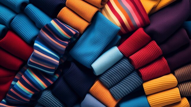 A photo of colorful socks and legwear folded neatly