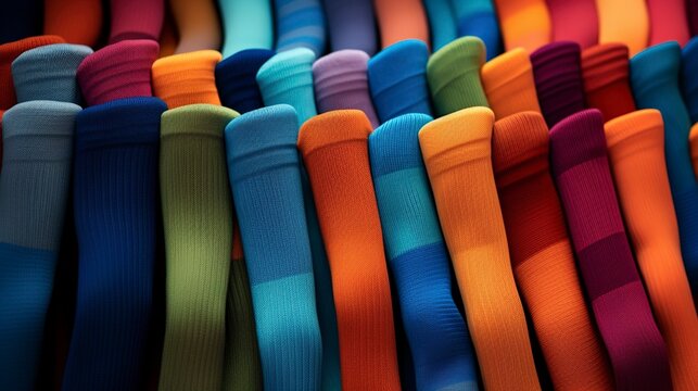 A photo of colorful socks and legwear folded neatly