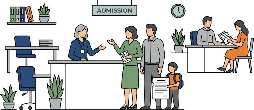 School admission process with family consulting at reception desk.
