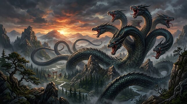 Japanese mythology legend of the seven-headed snake