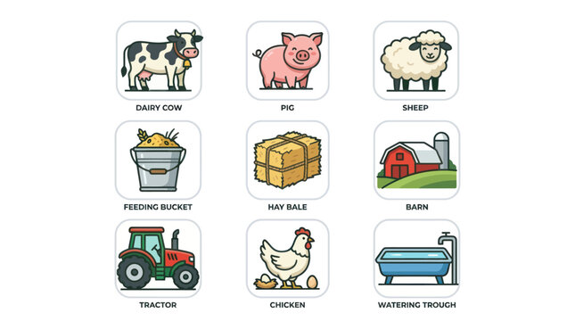 Educational farm animals and equipment icons with labels.