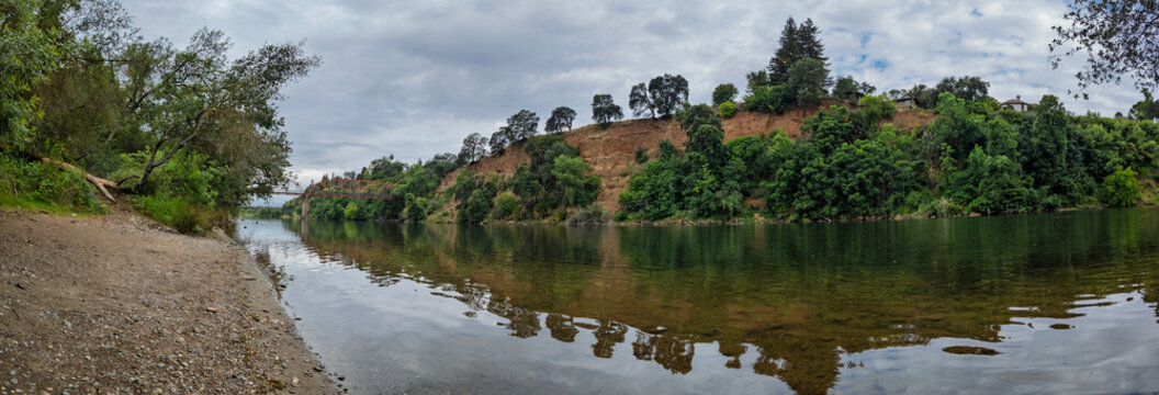 Panorama of Fair Oaks Bridge and Bluffs on American River
