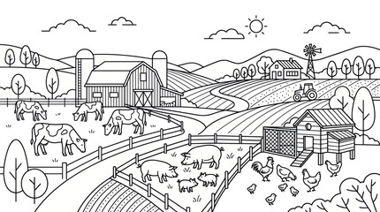 Farmstead and barnyard animal line art coloring page design. © diki