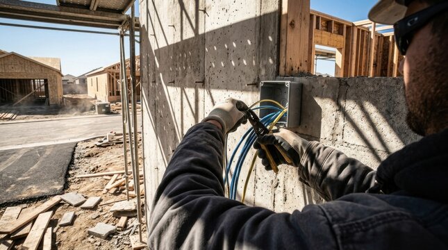 Electrician Working On Electrical Wiring Installation Within A New Construction Site