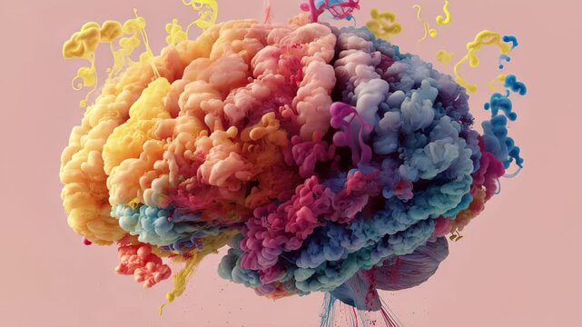 Creative depiction of a brain made of colorful smoke on a pink background showcasing an artistic view of imagination and thoughts
