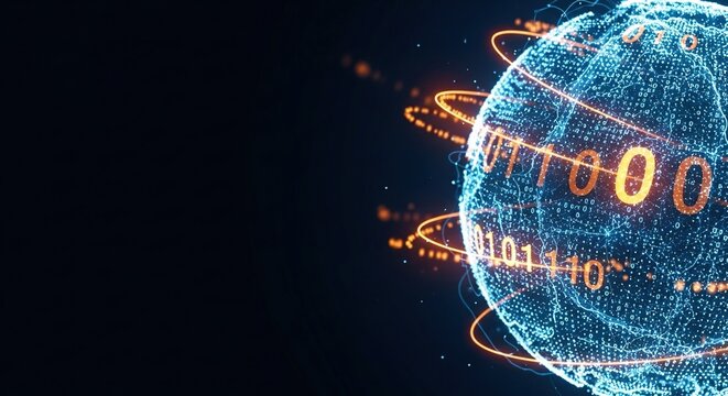 Futuristic digital planet earth globe with glowing binary code numbers data stream rings over dark abstract tech background for global internet network.