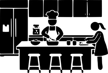 A chef prepares a meal in a modern kitchen while a woman stands by the counter, illustrating a cooking scene with a refrigerator, stools, and kitchen utensils. © Sarfaraz