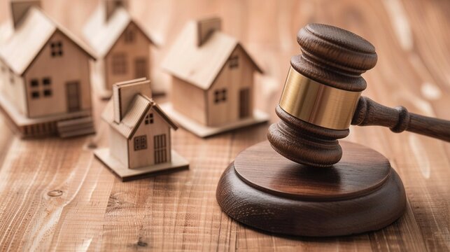 Wooden judge gavel on sound block with miniature toy houses on a wood table for real estate auction, property law, bankruptcy, foreclosure, or house bidding.