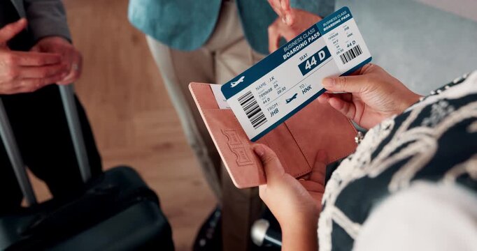 Business, check or hands at airport with boarding pass, ticket inspection or document for corporate trip. Above, booking review or woman with slip, employee permit or travel confirmation for flight.