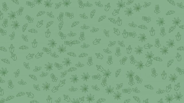 A charming, eco-friendly seamless pattern showcasing various gardening elements and botanical leaves on a soothing sage green background. Ideal for natural, organic, and earth-themed projects and