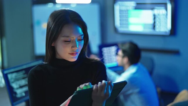 Young female developer concentrates while using a tablet with a male colleague coding in the background of a dark blue lit modern technology office during night work.