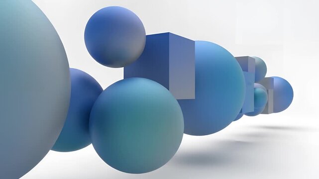 Abstract Blue Spheres and Cubes Floating in Minimalist Space.