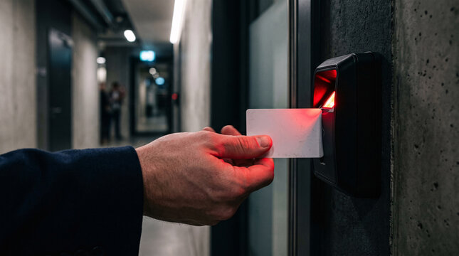 A man uses a white plastic key card to unlock an electronic security door reader with bright red glowing lights in a modern dark office building.
