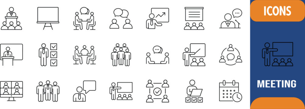 Business meeting communication teamwork icons. meeting icon set, presentation icon set, team icon set