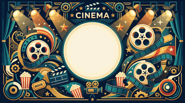 Cinema flat vector background, movie reels, spotlights and abstract artistic elements, clean center copy space

