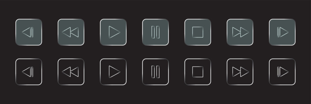 Liquid glass morphism vector of play, skip forward, skip backward buttons and a Music Collection banner concept. UI design element. Liquid glass effect Modern UI Design Elements for Media Player Icons