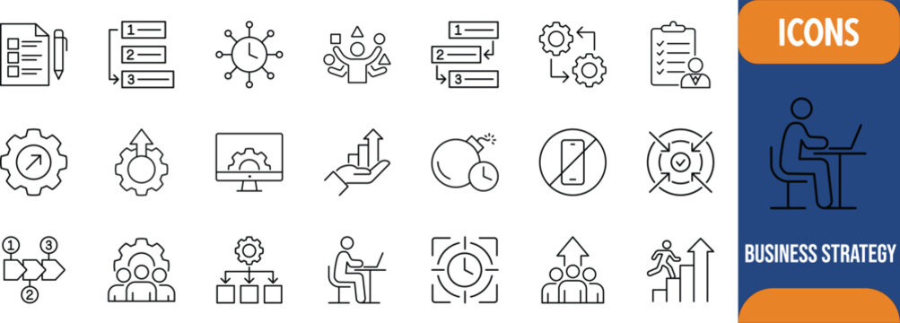 Business strategy management productivity icons. gear icon set, clock icon set, checklist icon set