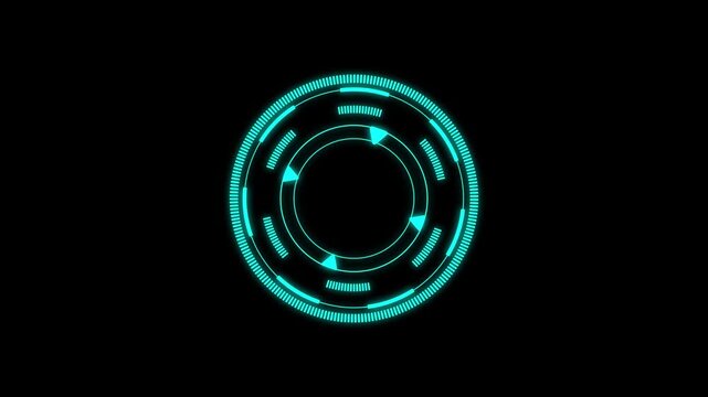 Futuristic rotating HUD circle interface with glowing cyan rings on black background seamless 4K motion graphics