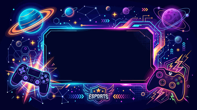 Cyber gaming flat vector background, planets, neon controllers and glowing geometric shapes, dark empty center for esports poster

