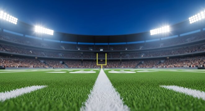 American football field with stadium seating and bright lighting